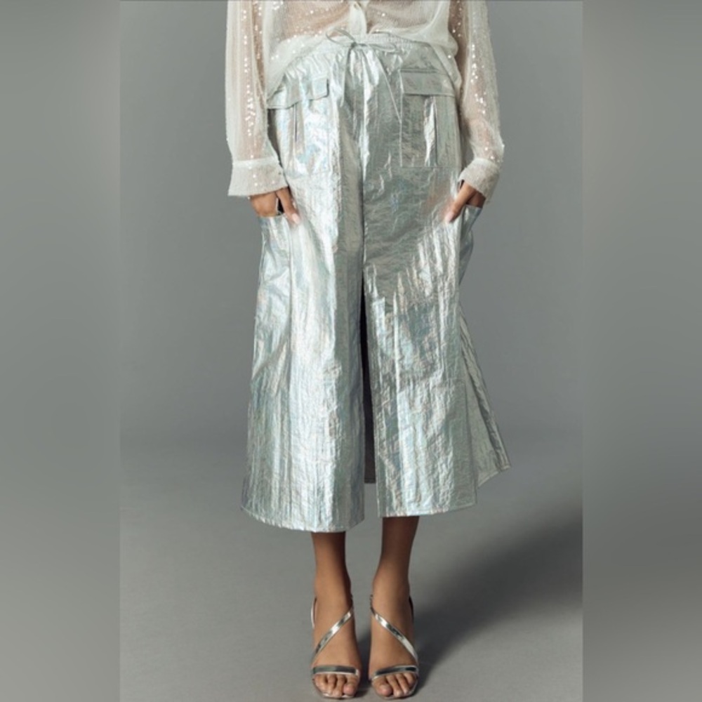 New Anthropologie Metallic Silver Shine Cargo Maxi Skirt Women’s Size Small